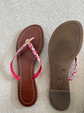 Tory Burch Red Floral Logo Thong Sandals